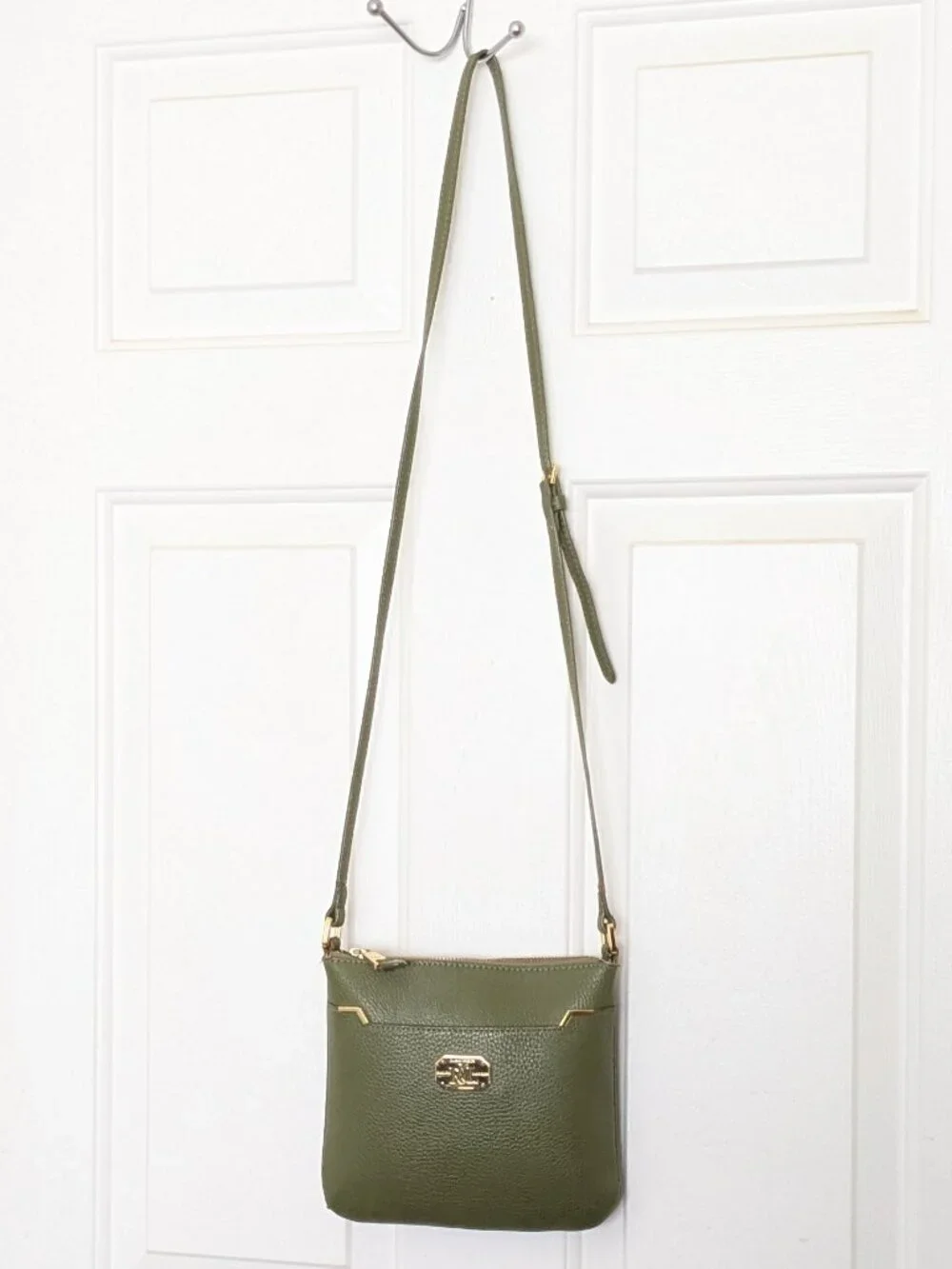 Lauren Ralph Lauren Womens Green Leather Adjustable Strap Crossbody Bag Small